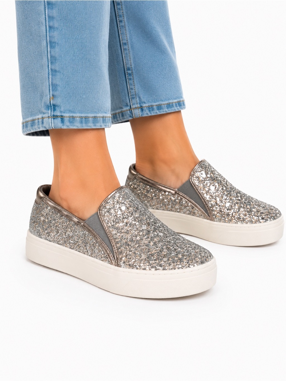 Mad Love Size 9 Women's Metallic Silver Glitter Slip-On Sneakers